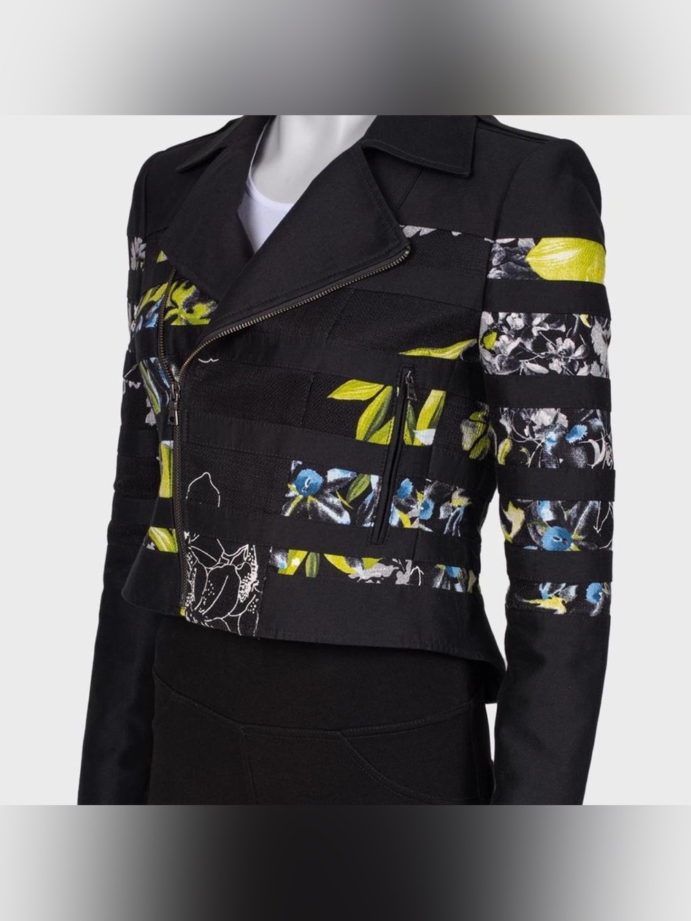 BCBGMAXAZRIA Tess Stripe Floral Moto Jacket Size M Black